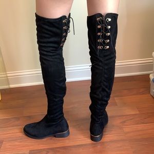 Black thigh suede high boots w/ gold corset lace